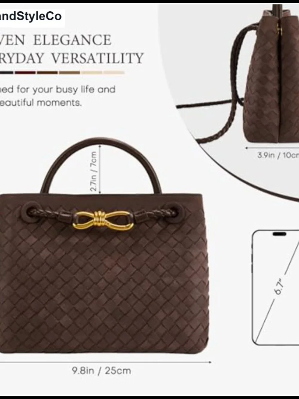 Woven Leather Tote Bag Women Top Handle Shoulder Handbag 2 Compartments
